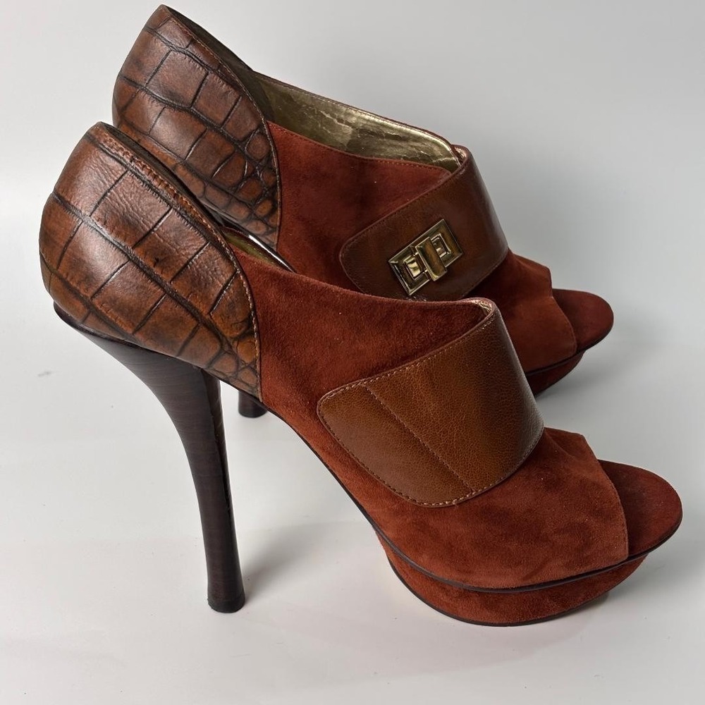 Nine West NW Justice Brown Suede Leather Peep Toe Pump Heels Women size 10M - Picture 5 of 10